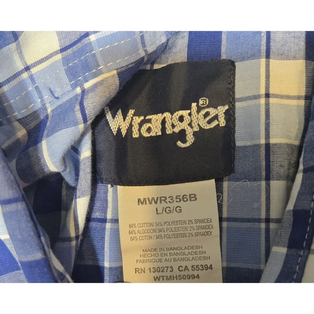 Wrangler Mens Large Pearl Snap Up Dress Shirt Blue Plaid Checker Western